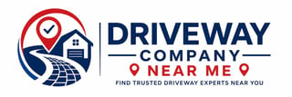Driveway Company Near Me logo with location pins, house icon, checkmark, and tagline Find Trusted Driveway Experts Near You